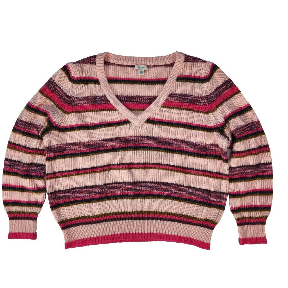 Sundance Mist In The Meadows V-Neck Sweater XXL Pink Striped Boxy Pullover